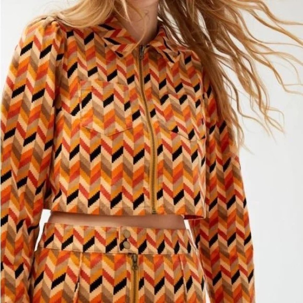 Urban Outfitters Angie Corduroy Crop Jacket Geometric Pattern Full Zip XS Orange